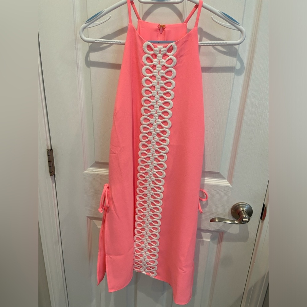 Lilly Pulitzer Neon Pink Halter Dress with White Crochet Trim